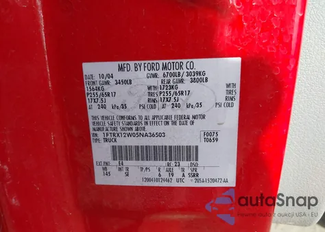 2005 Ford F150 from USA, damaged, VIN 1FTRX12W05NA36503